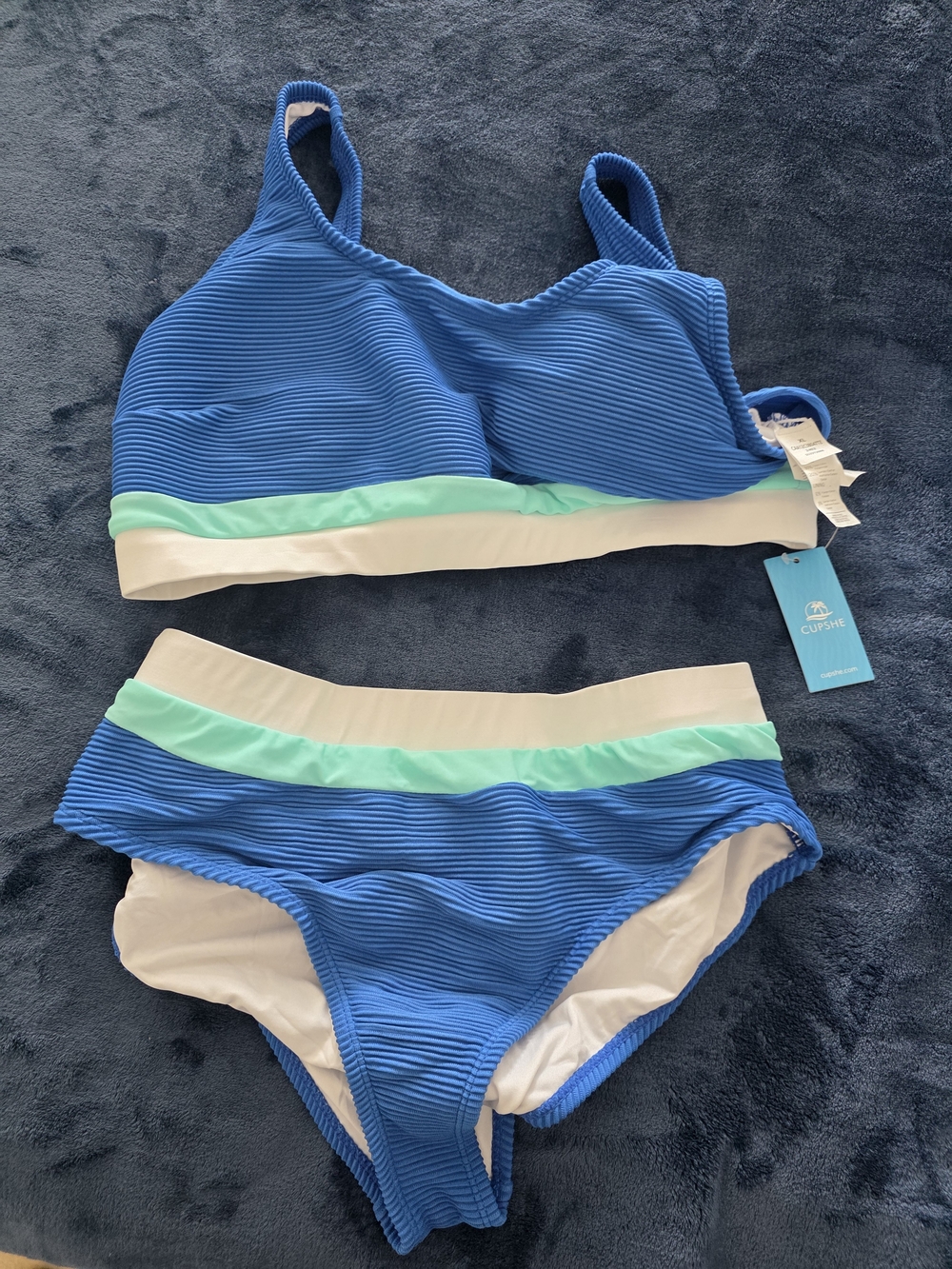 Cupshe Blue, Mint & White Ribbed Two-Piece Swim Set